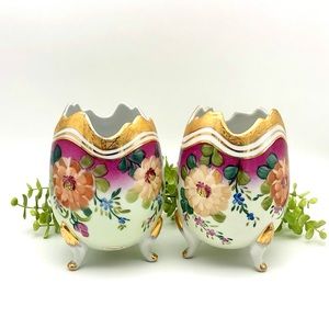 Porcelain Vase Set Matching Pair Footed Egg Shaped Hand Painted Floral Gold Trim